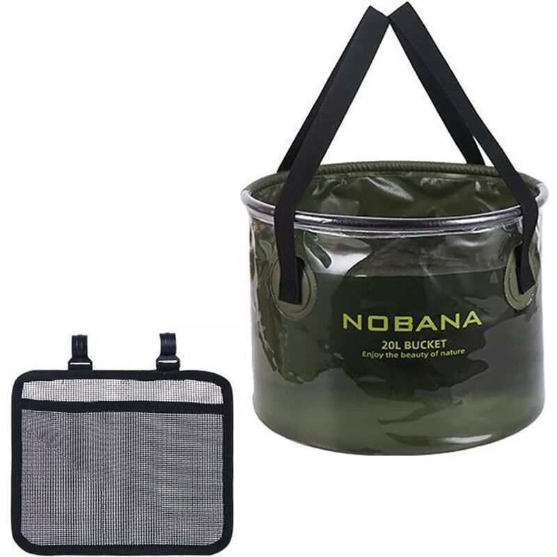 Zusammenklappbarer Eimer, 20 l, tragbarer Falteimer mit seitlicher Netztasche für Camping, Angeln, Party, Garten, Reisen, Wandern, Wascheimer,