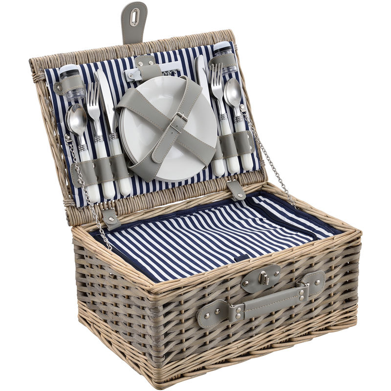 Picknickkorb mit Besteck-Set für 4 Personen Blau/Weiß Casa.pro