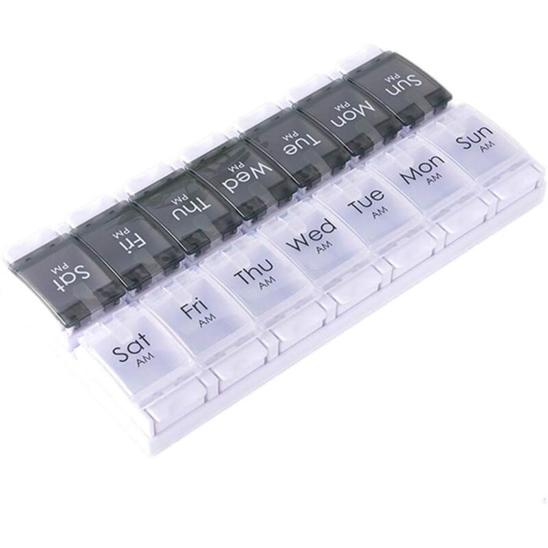 Fitags - Pillenbox Woche - 7 Tage - Morgens & Abends - Pillenbox für Medikamente & Vitamine, Push Open - Schwarz/Weiß (2 Mal täglich)