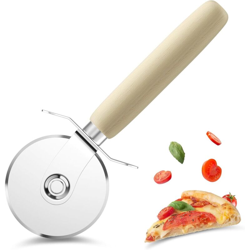 Pizzaschneider 17,5 cm, Pizzarad aus Edelstahl, Pizzaschneider mit schützendem Holzgriff, Pizzamesser zum Schneiden von Torten, Kuchen, Waffeln,