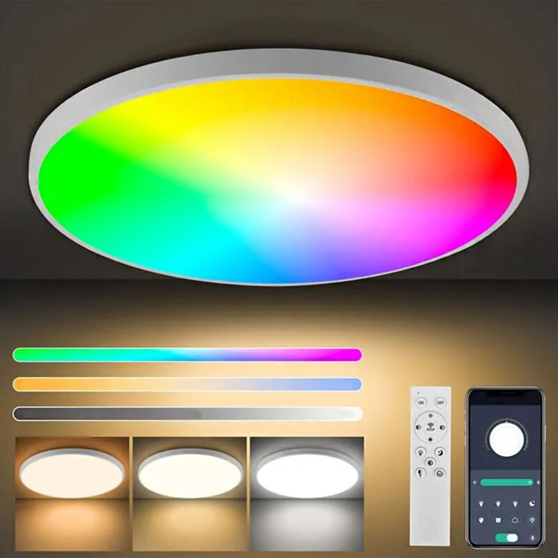 Dimmbare LED-Deckenleuchte, 36 W RGB-Deckenleuchte mit Fernbedienung und APP-Steuerung, dimmbare runde Deckenbeleuchtung (weiß)