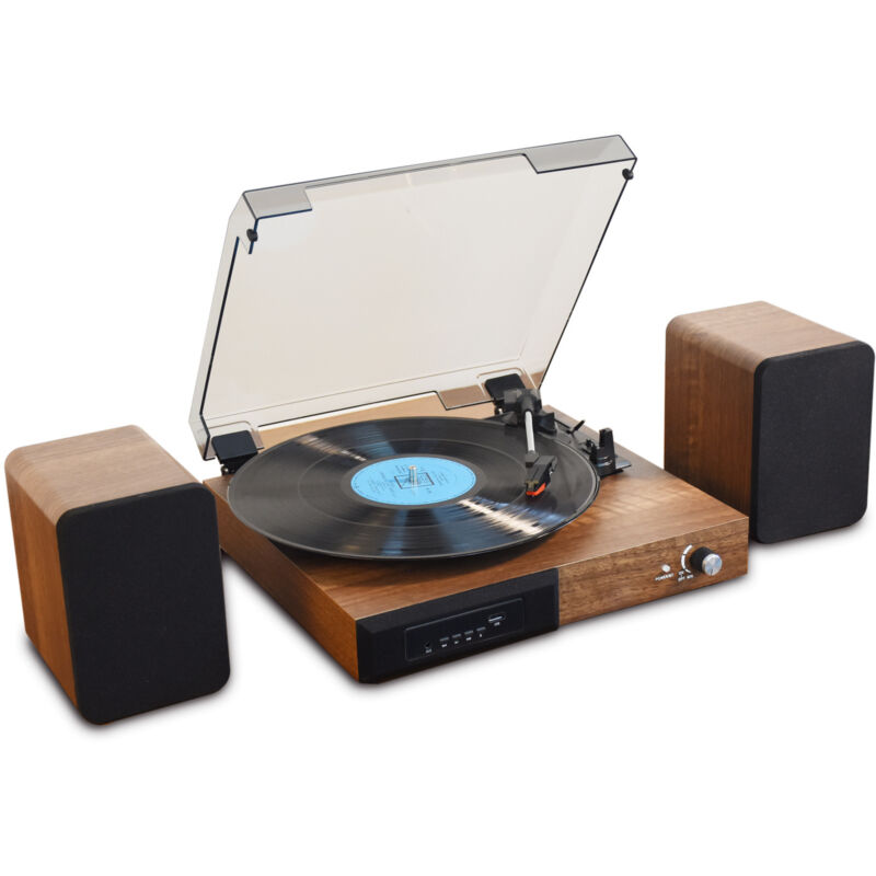 Plattenspieler mit Stereo Lautsprechern, Bluetooth Plattenspieler, Vinyl Record Player mit integriertem Vorverstärker, S-förmigem Tonarm, 33/45 RPM