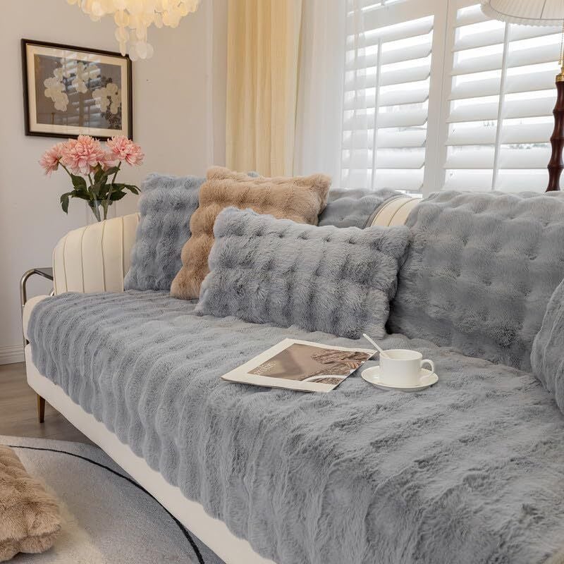 Plüsch-Sofabezug – rutschfeste Sofabezug für 1-, 2- und 3-Sitzer, Sofabezug aus Kunstkaninchenfell, flauschiger Couchbezug, L-förmiger Sofabezug