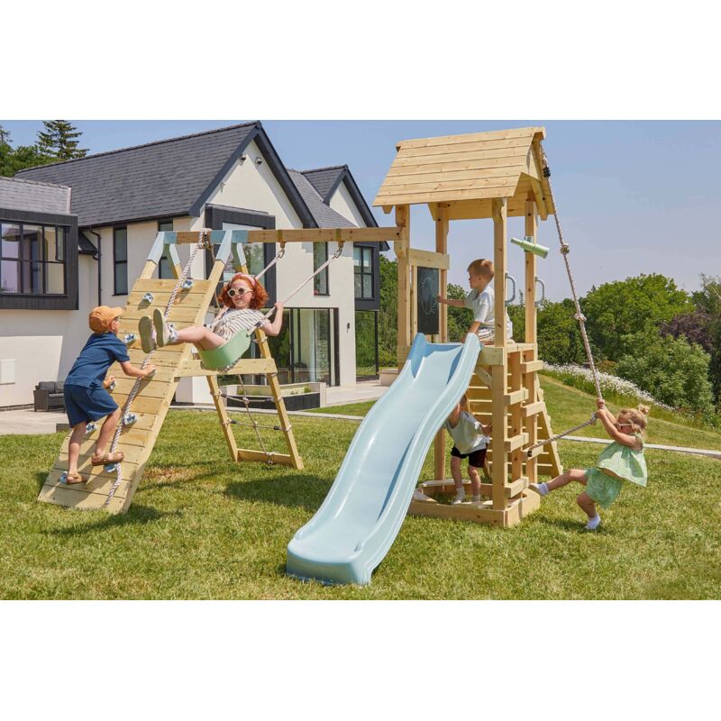 Spielturm Trondheim aus Holz in GrünKinderschaukel - Polarplay