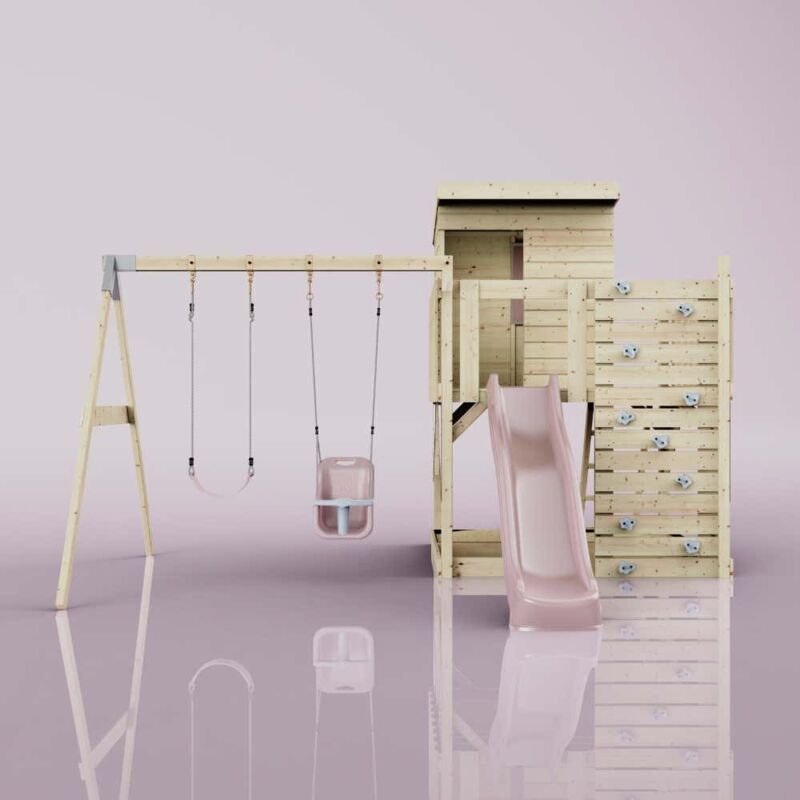 Spielturm Björn aus Holz in RosaBabyschaukel - Polarplay