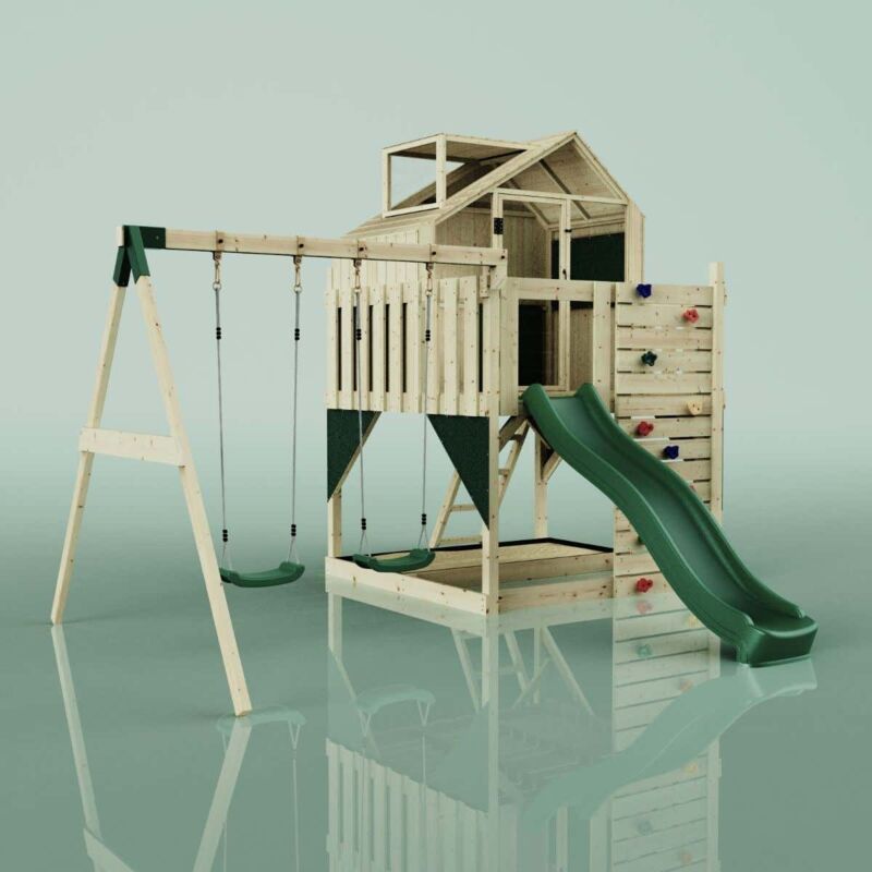 Spielturm Lasse aus Holz in GrünKinderschaukel - Polarplay