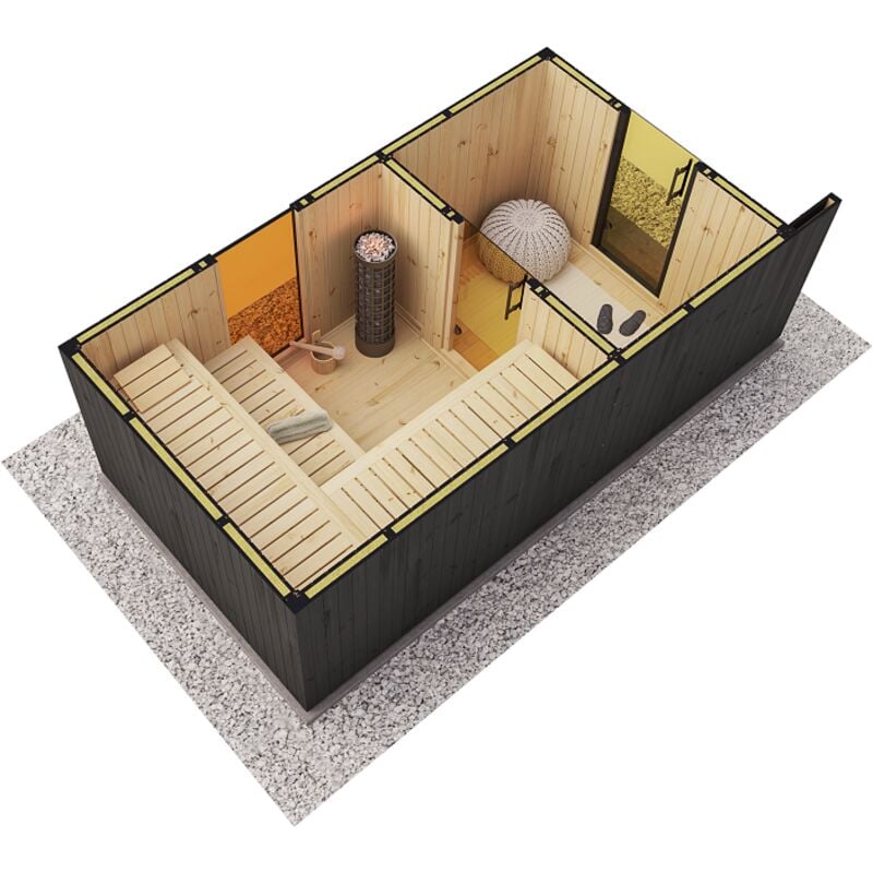 FinnTherm Saunahaus Siena Gartensauna 3 Sitzbänke aus Holz in Schwarz, Sauna mit 72 mm Wandstärke, Außensauna mit Montagematerial