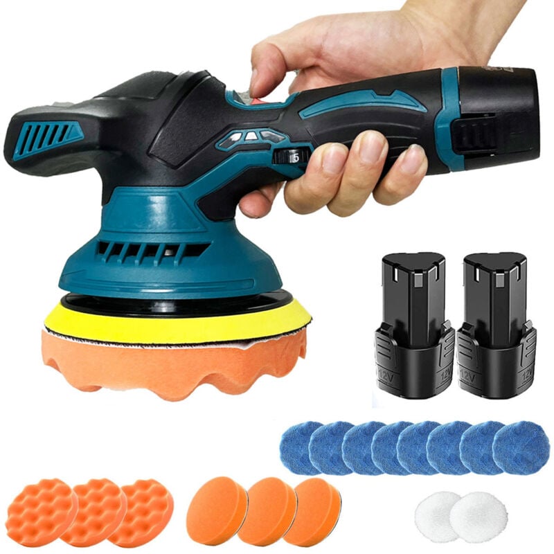 Polierer, 6-Zoll-Akku-Rotations-Autopolierer, Schleifer, Puffer, elektrische Poliermaschine, Wachsgerät, 6-Gang-Pads, 16 Stück + 2 x Akku + Ladegerät