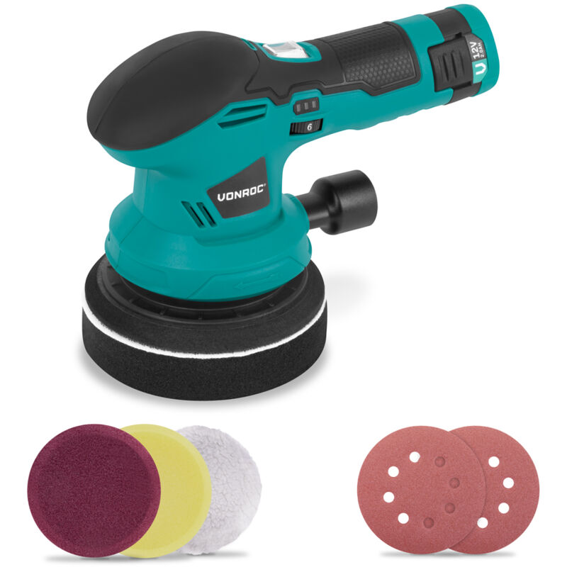 Poliermaschine 12V – ø 125 mm – Dual-Action – 2-in-1: Polieren und Schleifen Inkl. Akku, USB-C-Kabel, 4 Polierscheiben und Schleifpapier - Vonroc