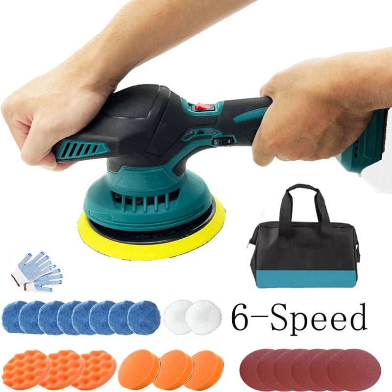 Polierer, 6-Zoll-Akku-Autoschleifer, elektrische Poliermaschine mit 6 Geschwindigkeiten und 18 Pad-Aufsatz, nur Gehäuse, keine Batterie, kompatibel