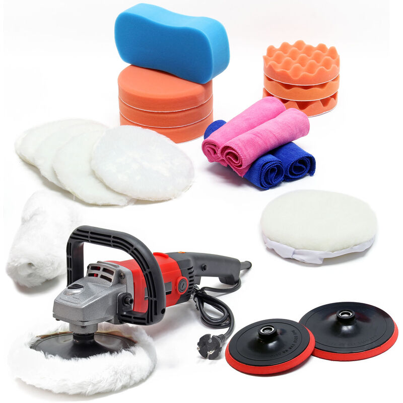 Poliermaschine Set aus 21 Teilen 1200W bis 3000 U/min, Schleifgerät mit 6 Stufen inkl. vieler Aufsätze, Tellerschleifer, Rotationsschleifer - Wiltec