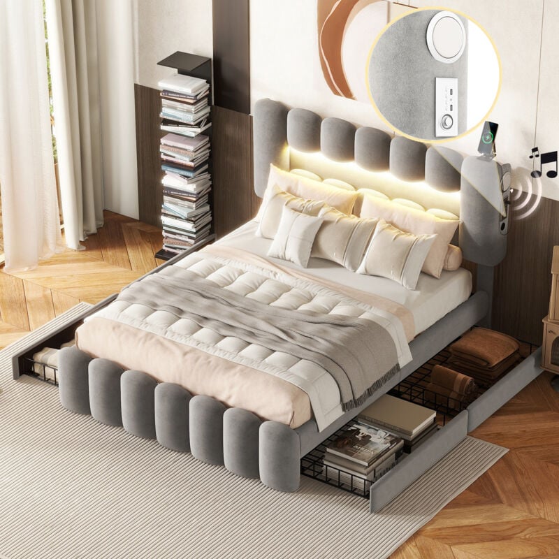 Polsterbett 140 x 200, Polsterbett mit 4 Schubladen, Polsterbett mit led Lichtleiste mit usb und Stereo, grau
