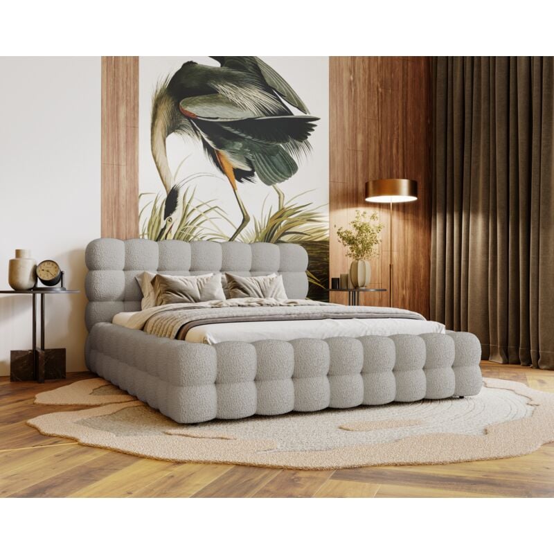 Polsterbett 180x200 Parlas Bis - Bett mit Bettkasten, Schaumstoff - Design Bett, Bouclé stoff (Hellgrau - Anthology 15)