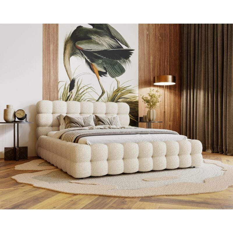 Polsterbett 140x200 Parlas Bis - Bett mit Bettkasten, Schaumstoff - Design Bett, Bouclé stoff (Creme - Anthology 1)