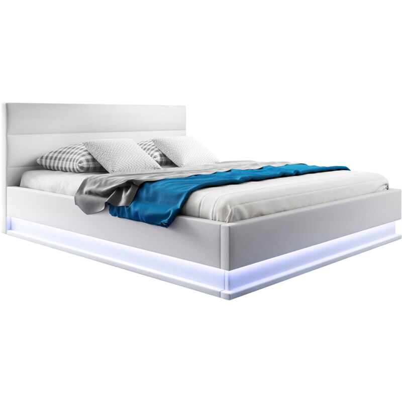 Polsterbett mit Bettkasten Bettgestell Bett Doppelbett mit led Beleuchtung Bettkasten Bett Holzstruktur mit Kunstlederbezug Weiss Matt Modell Nitas