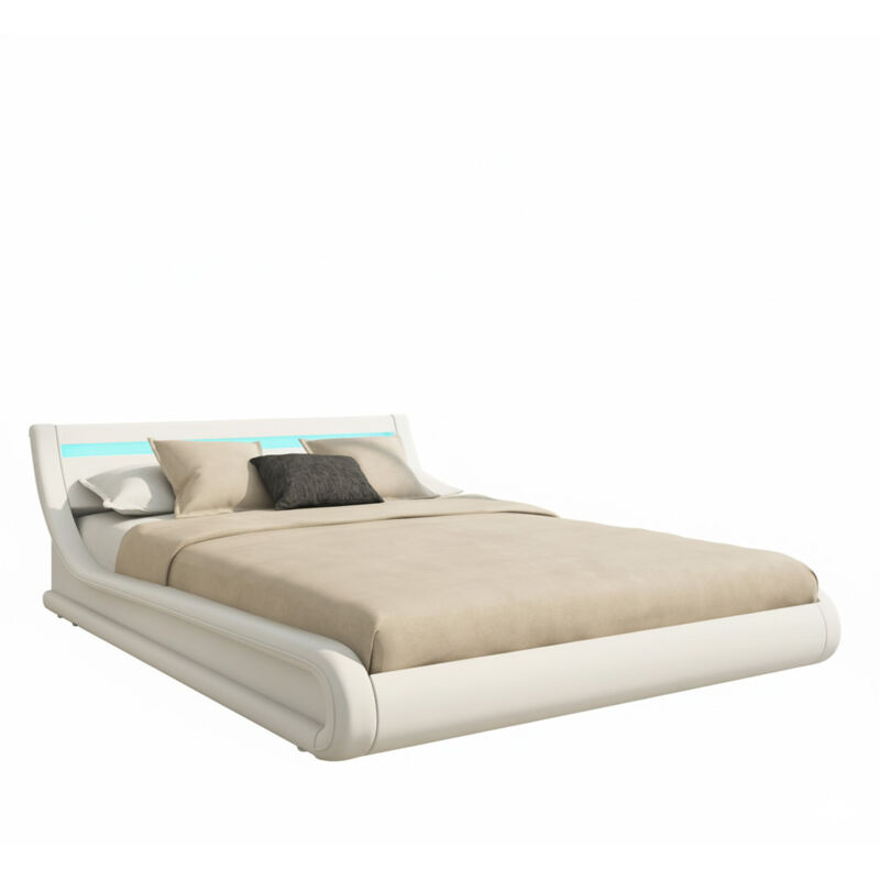 Polsterbett mit Bettkasten Bettgestell Bett Doppelbett mit led Beleuchtung Bettkasten Bett Holzstruktur mit Kunstlederbezug Weiss Matt Modell