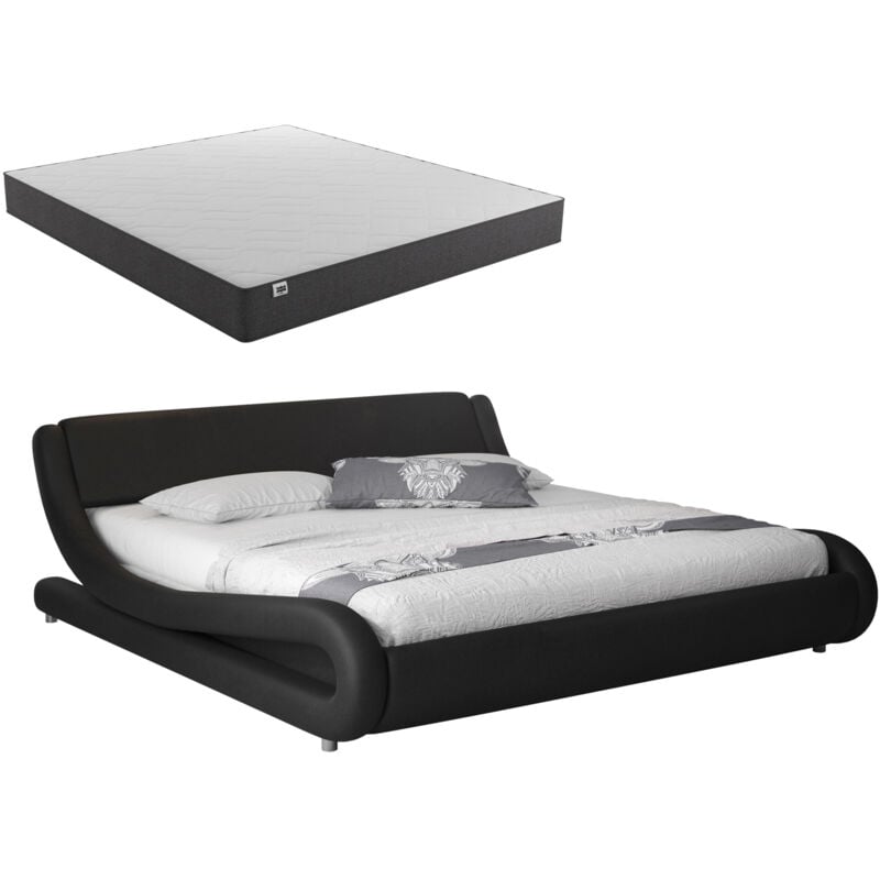 Polsterbett mit Matratze Bettgestell Bett Doppelbett Bettkasten Bett Holzstruktur mit Kunstlederbezug Schwarz Matt Modell Alessia 160x200