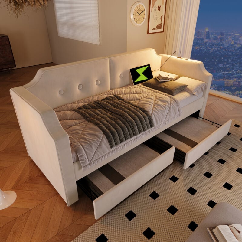 Polsterbett, Schlafsofa 90 x 200 cm mit USB-Typ-C-Leselampe, Schlafsofa, Chaiselongue mit 2 Stauraumschubladen, Kinderbett, Jugendbett, Bettgestell