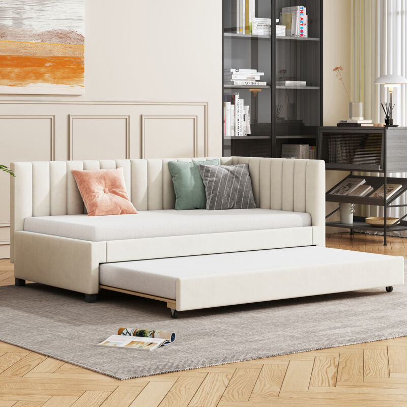 90200 Polsterbett, ausziehbares Schlafsofa, Multifunktionsbett mit Lattenrost, Jugendbetten, Kinderbetten, Zustellbetten, beige Samtstoff