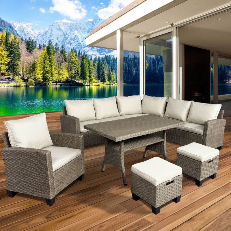 Gartenmöbel Set Hacienda Braun/Beige bis zu 10 Personen inkl. Kissen & Abdeckung tüv geprüft Outdoor Loungemöbel Sitzgruppe Essgruppe Garnitur - Brast