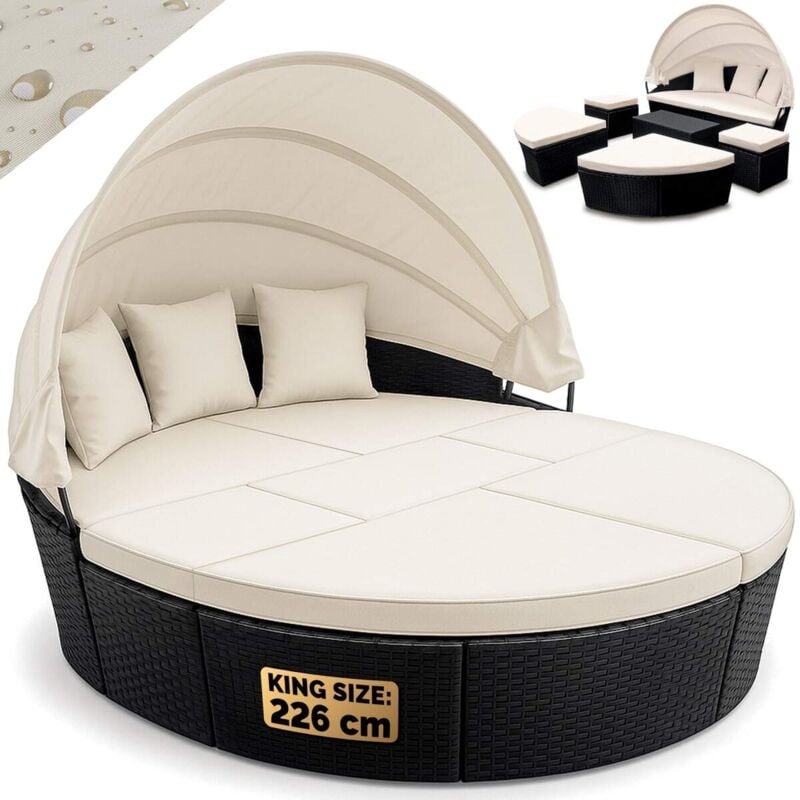 Sonnenliege Sonneninsel 226cm xxl Wetterfest mit verstellbaren Dach & 3 Kissen Gartenliege Relaxliege Gartenmöbel Set Outdoor Polyrattan - Casaria