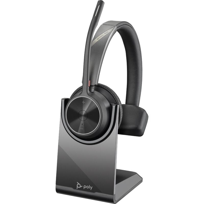 Poly - Voyager 4310 UC Wireless Headset mit Ladestation (Plantronics), Einohr-Headset, Verbindung zum PC mit dem Bluetooth USB-A-Adapter und zu