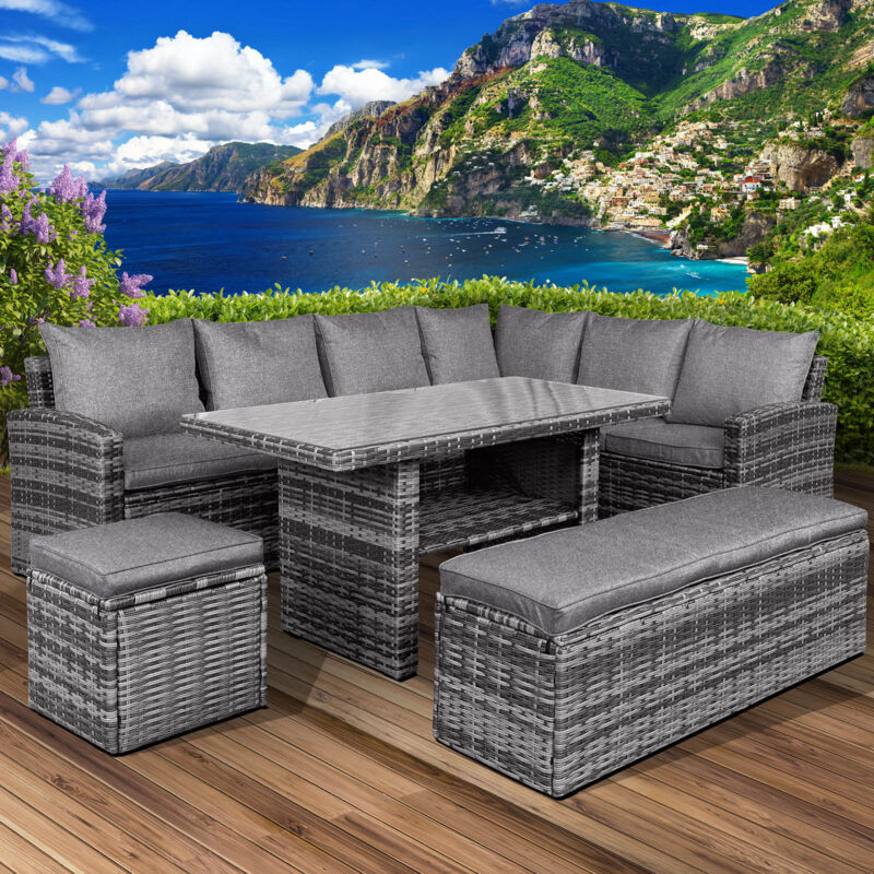 BRAST Gartenmöbel Set Eco Grau/Anthrazit bis zu 9 Personen inkl. extra Dicke Kissen TÜV geprüft Outdoor Loungemöbel Sitzgruppe Essgruppe Garnitur