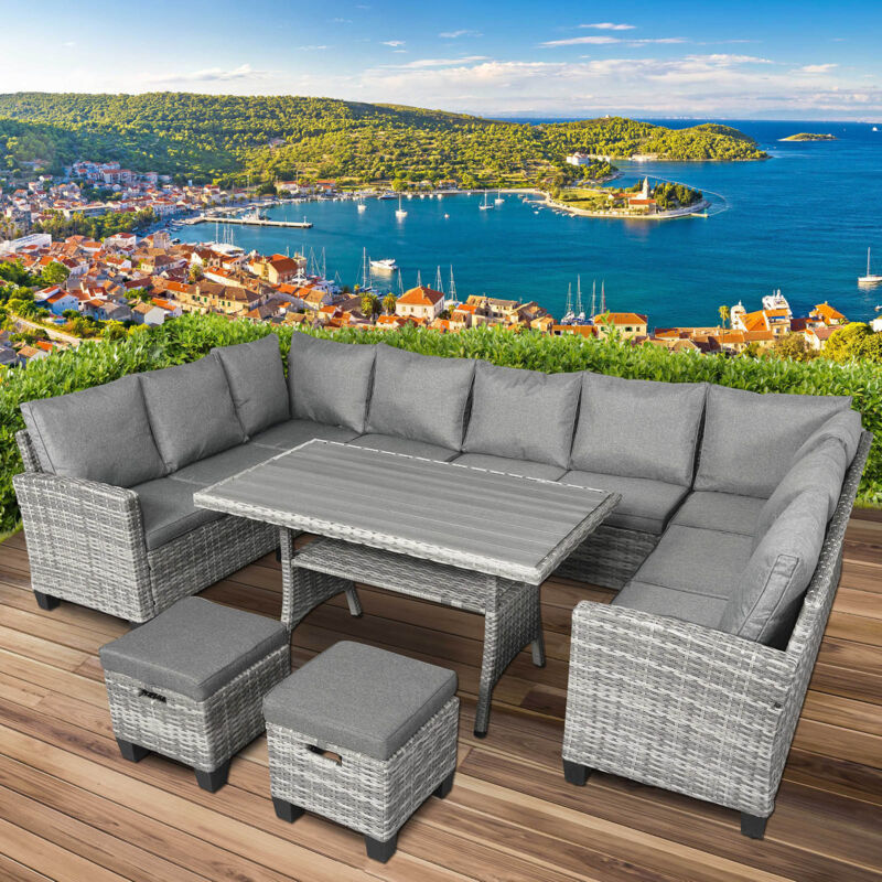Gartenmöbel Set Family Grau/Anthrazit bis zu 11 Personen inkl. extra Dicke Kissen tüv geprüft Outdoor Loungemöbel Sitzgruppe Essgruppe Garnitur