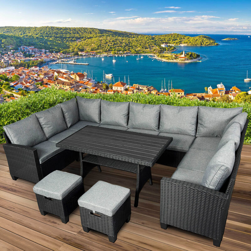 BRAST Gartenmöbel Set Family Schwarz/Grau bis zu 11 Personen inkl. extra Dicke Kissen TÜV geprüft Outdoor Loungemöbel Sitzgruppe Essgruppe Garnitur