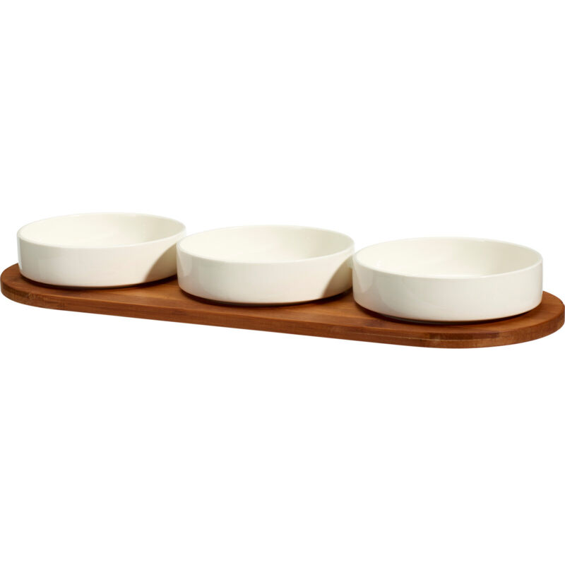 Porzellanschalen für Snacks APERIO, 3 x 390 ml, Bambustablett