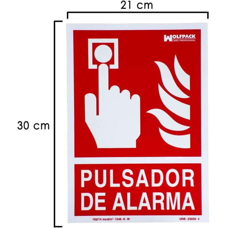 Fluoreszierendes Schild Druckknopfalarm 30x21 cm.