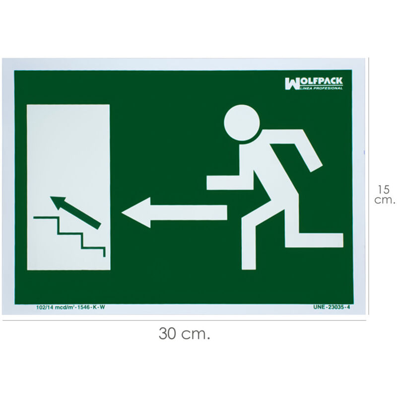 Linea profesional - Poster / Schild Fluoreszierend Ausgang Treppe Links Oben 21x30 cm. - Wolfpack