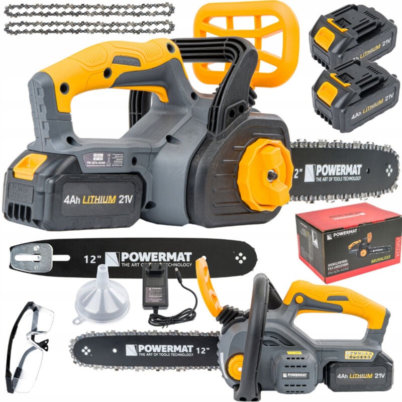 POWERMAT Akku Kettensäge mit 2xLI-ION 21V 4.0Ah 2 x Schwert 12' (305mm) 2 x Ketten und Bürstenlosen Motor, Elektrische Kettensäge Motorsäge für Garten