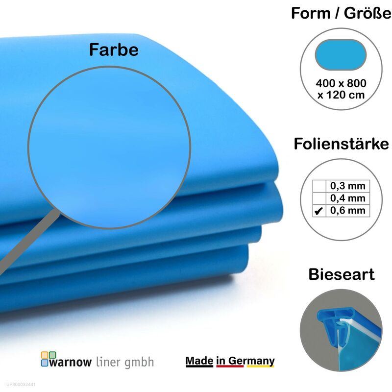 Premium Poolfolie für Ovalpool, 800 cm x 400 cm x 120 cm, Stärke: 0,6 mm, blau, Keilbiese