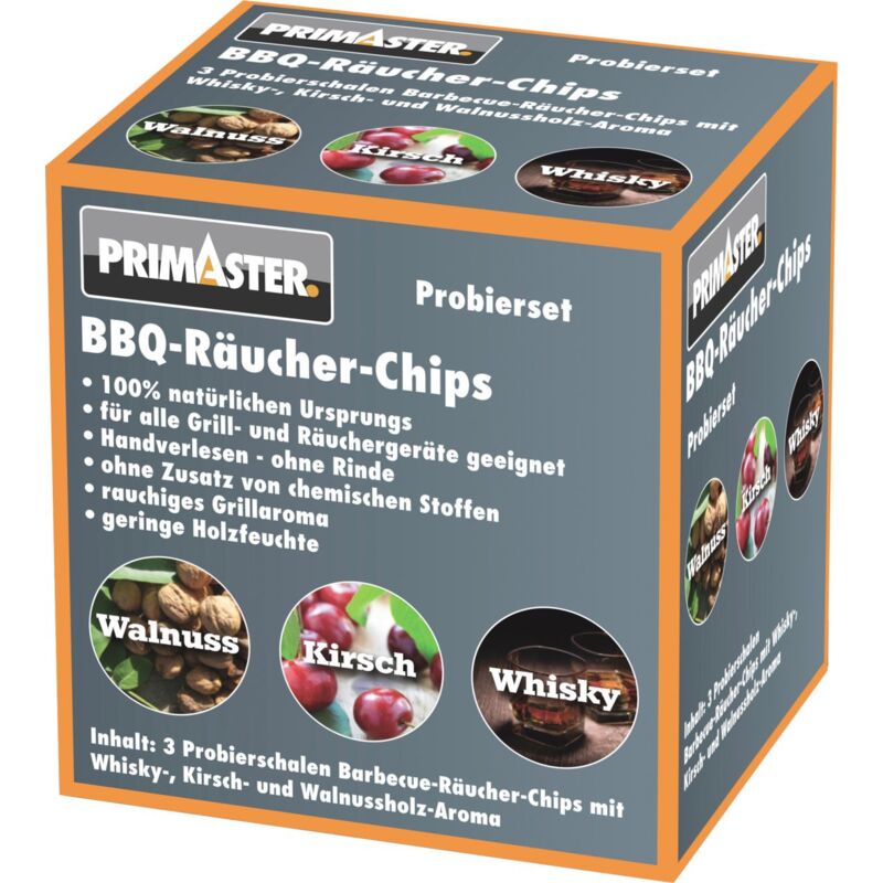 Primaster Räucherschale 3er Set Räucherchips 115g Whisky 90g Kirsche 80g Walnuss