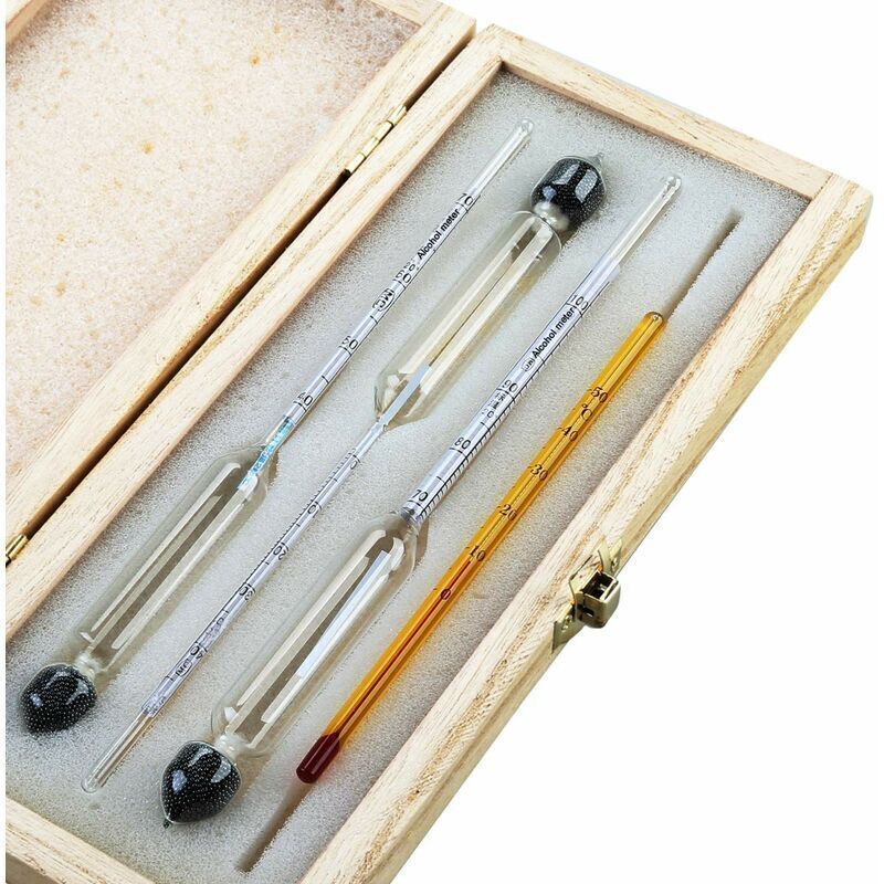 Professionelle Alkoholwaage – Set aus 3 Hydrometern mit 0-100% Skala + Thermometer zur Messung des Alkoholgehalts von Brandy, Whisky, Wodka, Cognac