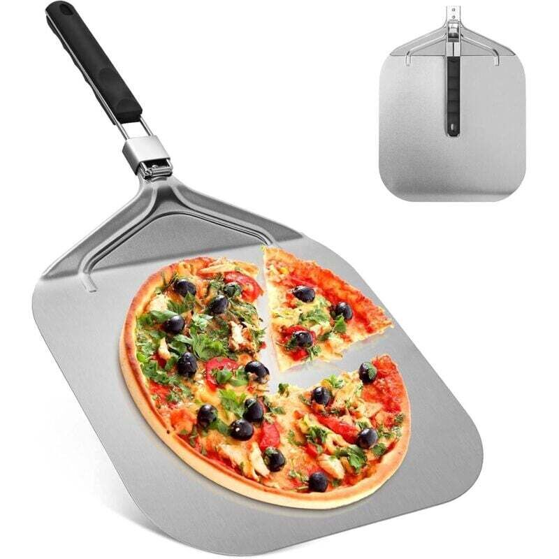Professioneller, perforierter Pizzaschieber 32 x 32 cm, große Oberfläche, mit klappbarem Griff für Backofen und Grill zum Backen von Pizza und Brot,