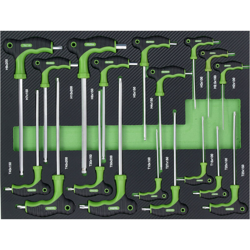 Profi Werkstattwagen Einlage Innensechskantschlüsselsatz Torx T-Griff Inbusschlüssel 18 tlg. Schaum 515x395x40mm grün