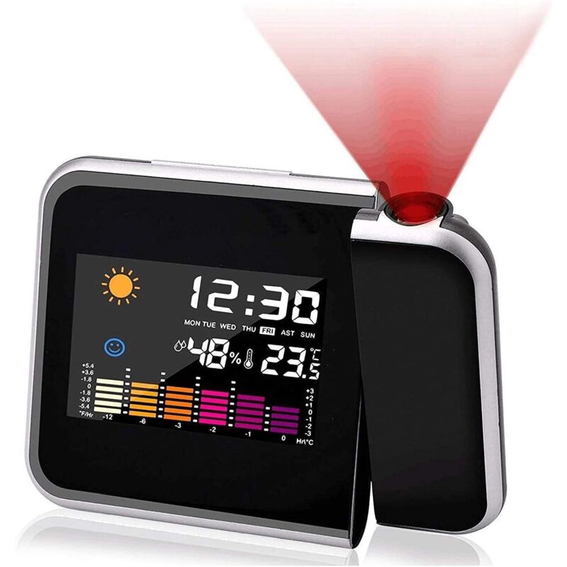 Projektionswecker, Farbbildschirm-Kalender, persönliche Wetterstation fürs Schlafzimmer, dimmbarer Projektor, Doppelalarm, LCD-Anzeige, Datum,