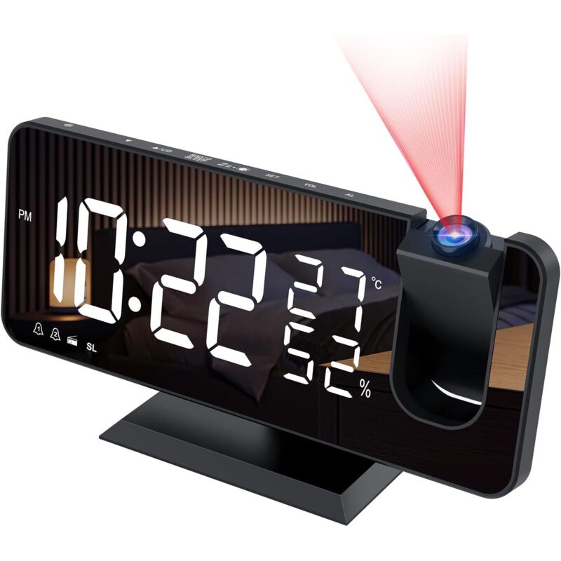 Reveil Projecteur avec Radio, Horloge Numérique, Radio Reveil USB avec Double Alarme et Écran Miroir LED de 7, Snooze, 4 Niveaux de Luminosité,