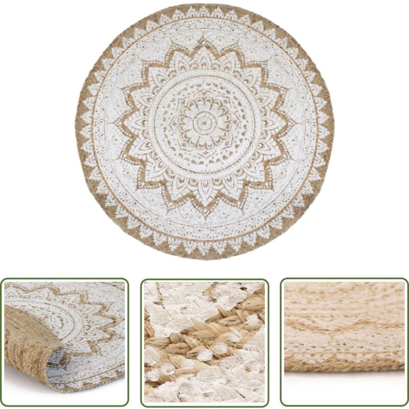 Prolenta Premium - The Living Store Teppich Jute Geflochten Bedruckt 240 cm Rund - Naturfaser Teppich - Jute Teppich - Runder Teppich - Mandala