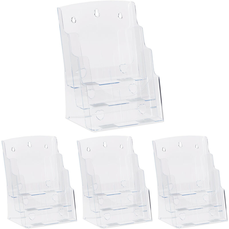4 x Prospekthalter A4 / DIN Lang, 3 Etagen, Acryl, Flyer Aufsteller Tisch & Wand, HBT: 33x24,5x20cm, transparent