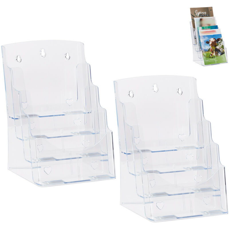 2 x Prospekthalter A4 / DIN Lang, 4 Etagen, Acryl, Flyer Aufsteller Tisch & Wand, HBT: 35x24,5x24cm, transparent
