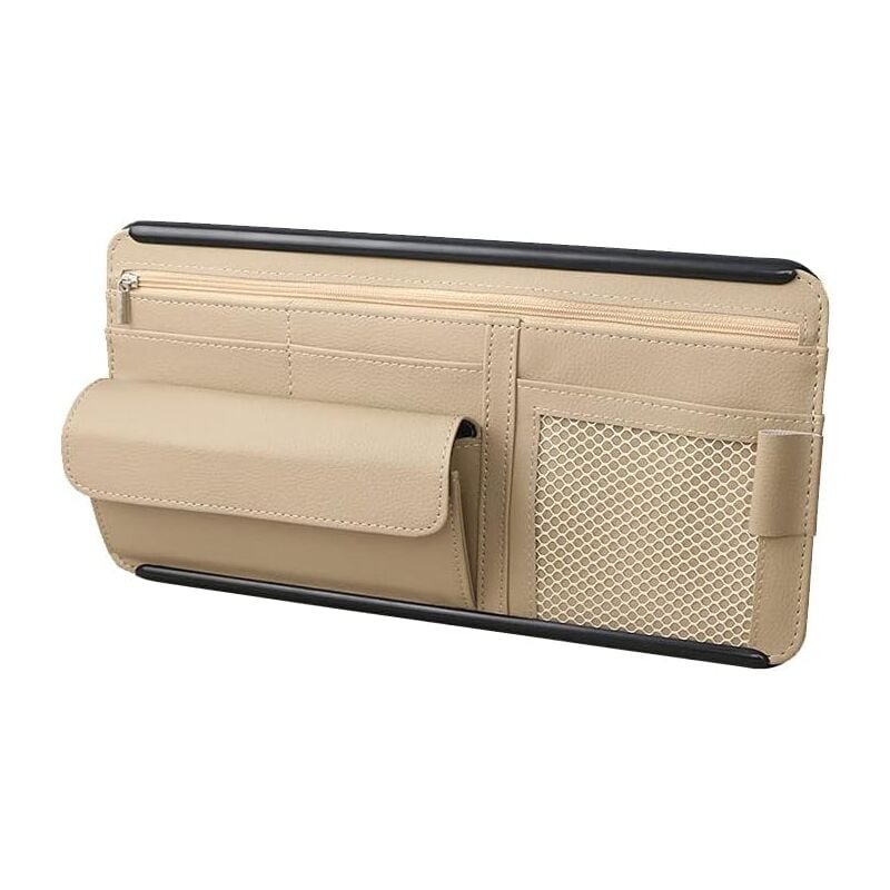 Memkey - PU-Leder-Auto-Sonnenblenden-Organizer für Karten, Brillen, mehrere Taschen (beige)