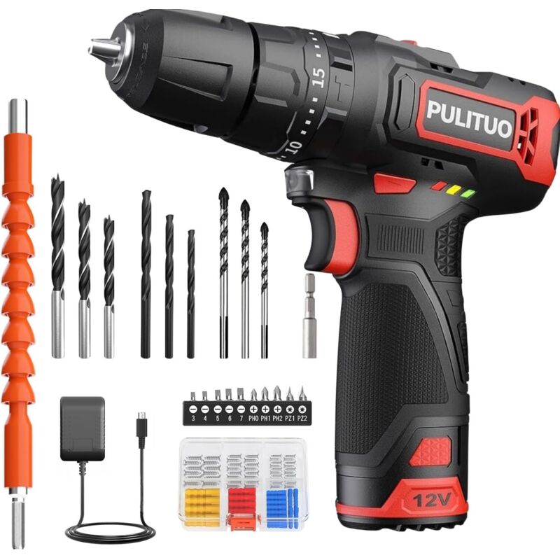PULITUO 12-V-Akku-Schlagbohrmaschine, Schlagbohrmaschinen-Set, Akkuschrauber mit 3/8-Zoll-Metallbohrfutter, 21+1+1 Drehmomentpositionen, Akku mit