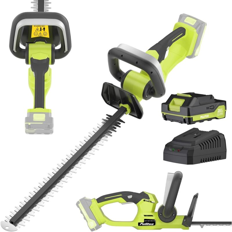 PULITUO 2600SPM Akku-Heckenschere mit 2,0-Ah-Akku und Ladegerät, 20 Zoll Schnittlänge, Dual-Action-Klingen, leicht, für kleine Büsche, grün.-pro
