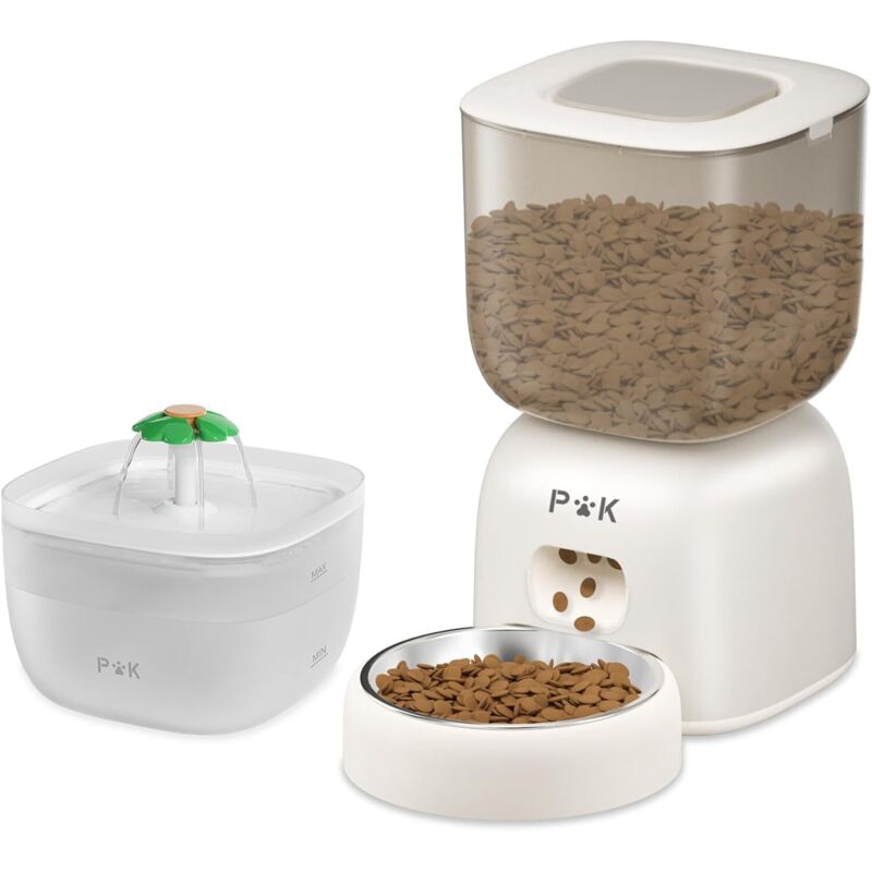 PUPPY KITTY 3 L Futterspender mit 2 L Katzenbrunnen, weiß Futterautomat, Akku bis zu 180 Tage, 10-Sekunden-Stimme