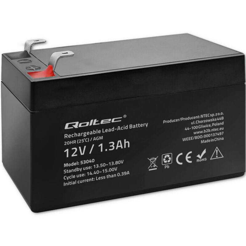 Qoltec AGM-Batterie 12 V 1,3 Ah Wartungsfrei Effizient Langlebig Für USV-Anlagen, Waagen, Kassen