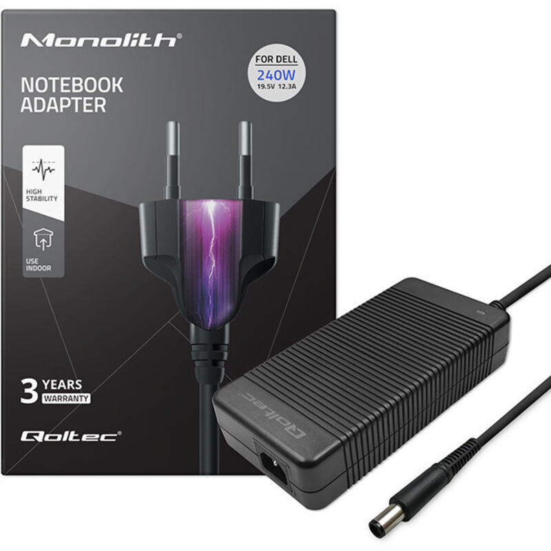 Qoltec Dell Laptop-Netzteil 240 W 19,5 V 12,3 A 7,4 x 5,0 + Pin + Stromkabel