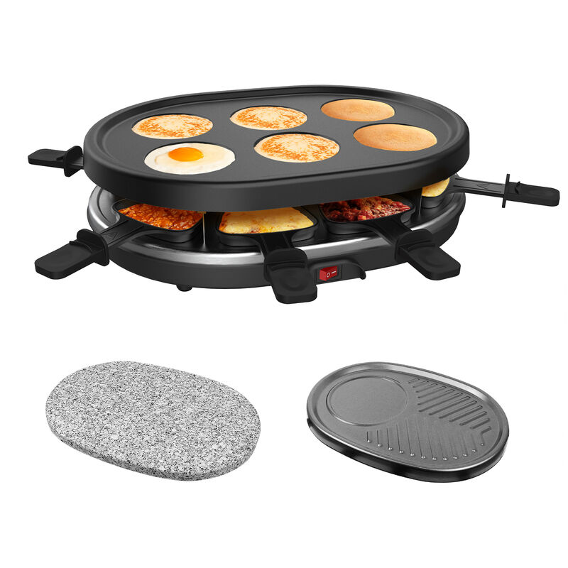 Raclette-Grill, Raclette 4 in 1 für 8 Personen, Elektrischer Grill, Steingrillplatte, Pfannkuchengrillplatte, Vollständiger Satz Grillplatten,
